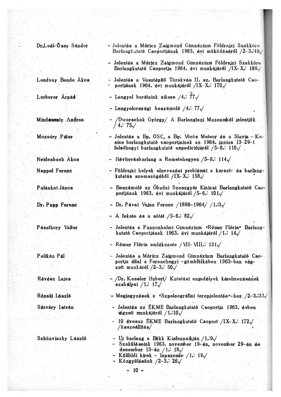 Barlangkutató Cső- * portjának 1964. évi munkájáról /IX-X.: 170./ - Lengyel barátaink sikere / 4.t 77./ - Lengyelországi beszámoló /4.J 77.