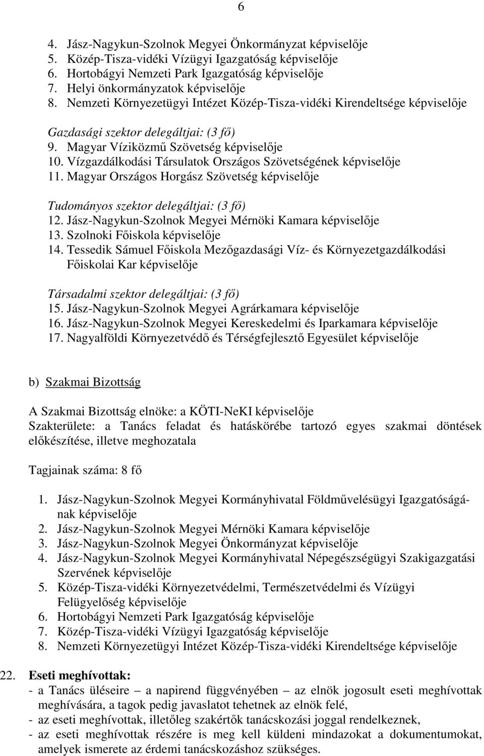Magyar Országos Horgász Szövetség Tudományos szektor delegáltjai: (3 fő) 12. Jász-Nagykun-Szolnok Megyei Mérnöki Kamara 13. Szolnoki Főiskola 14.