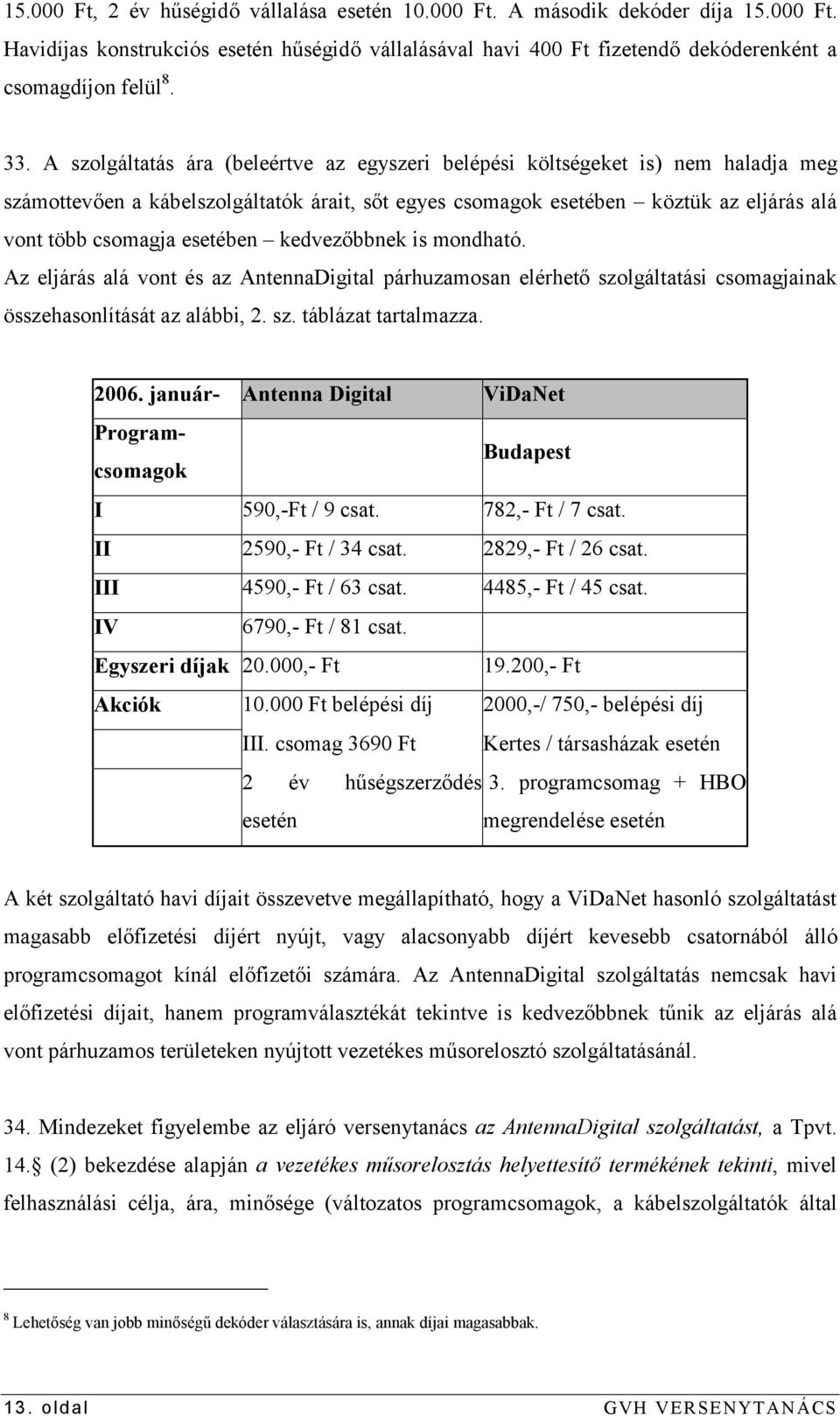 esetében kedvezőbbnek is mondható. Az eljárás alá vont és az AntennaDigital párhuzamosan elérhető szolgáltatási csomagjainak összehasonlítását az alábbi, 2. sz. táblázat tartalmazza. 2006.