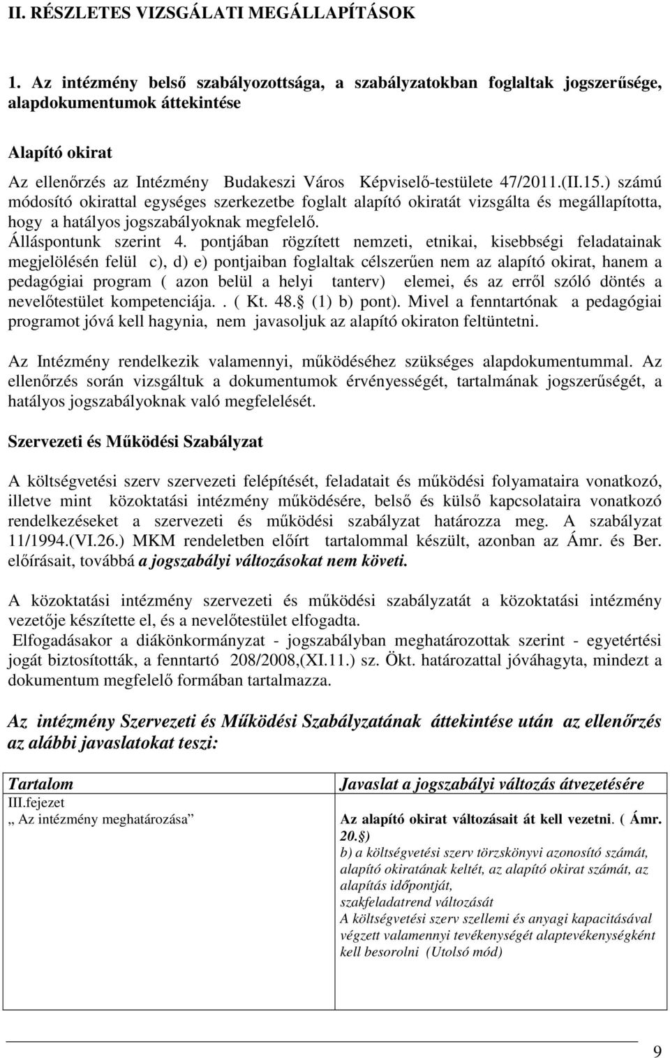 15.) számú módosító okirattal egységes szerkezetbe foglalt alapító okiratát vizsgálta és megállapította, hogy a hatályos jogszabályoknak megfelelı. Álláspontunk szerint 4.