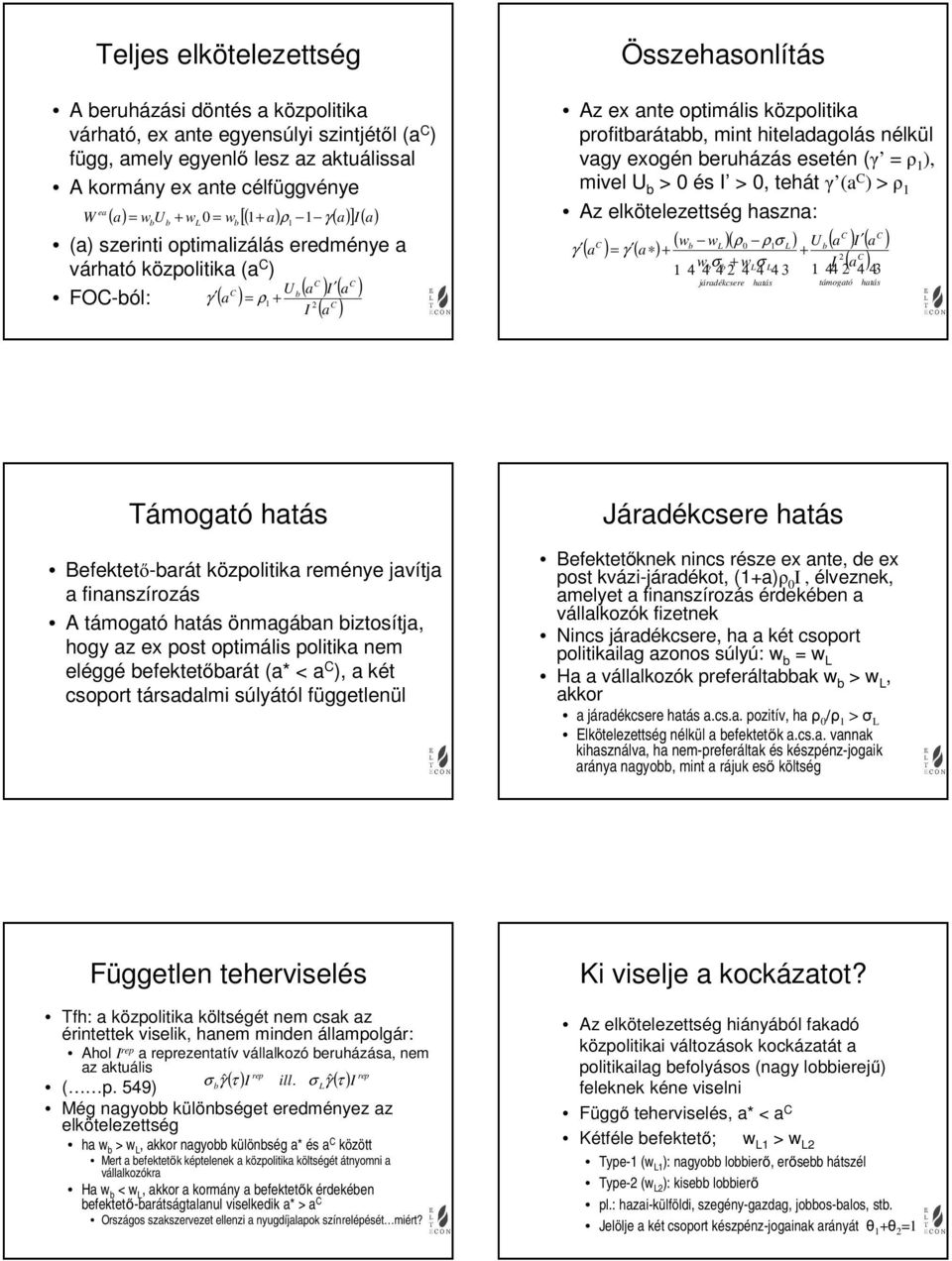 mint hiteladagolás nélkül vagy exogén eruházás esetén (γ = ρ ), mivel U > és I >, tehát γ (a C ) > ρ Az elkötelezettség haszna: γ C ( ) = γ ( a ) C C ( w w )( ρ ρσ ) U ( a ) I ( a ) C wσ wσ I 4 2 ( a