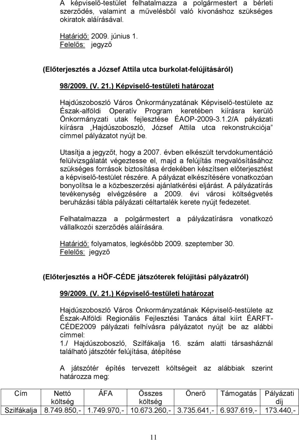 ) Képviselő-testületi határozat z Észak-alföldi Operatív Program keretében kiírásra kerülő Önkormányzati utak fejlesztése ÉAOP-2009-3.1.