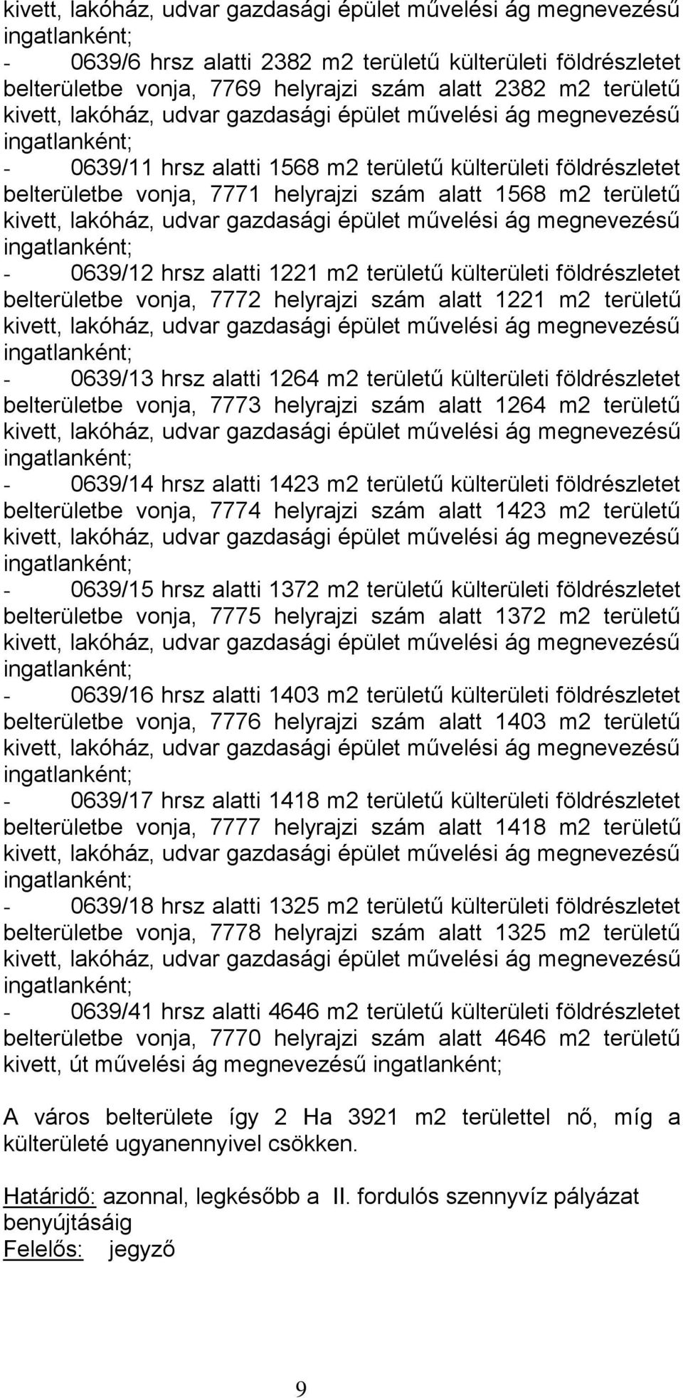 0639/13 hrsz alatti 1264 m2 területű külterületi földrészletet belterületbe vonja, 7773 helyrajzi szám alatt 1264 m2 területű - 0639/14 hrsz alatti 1423 m2 területű külterületi földrészletet