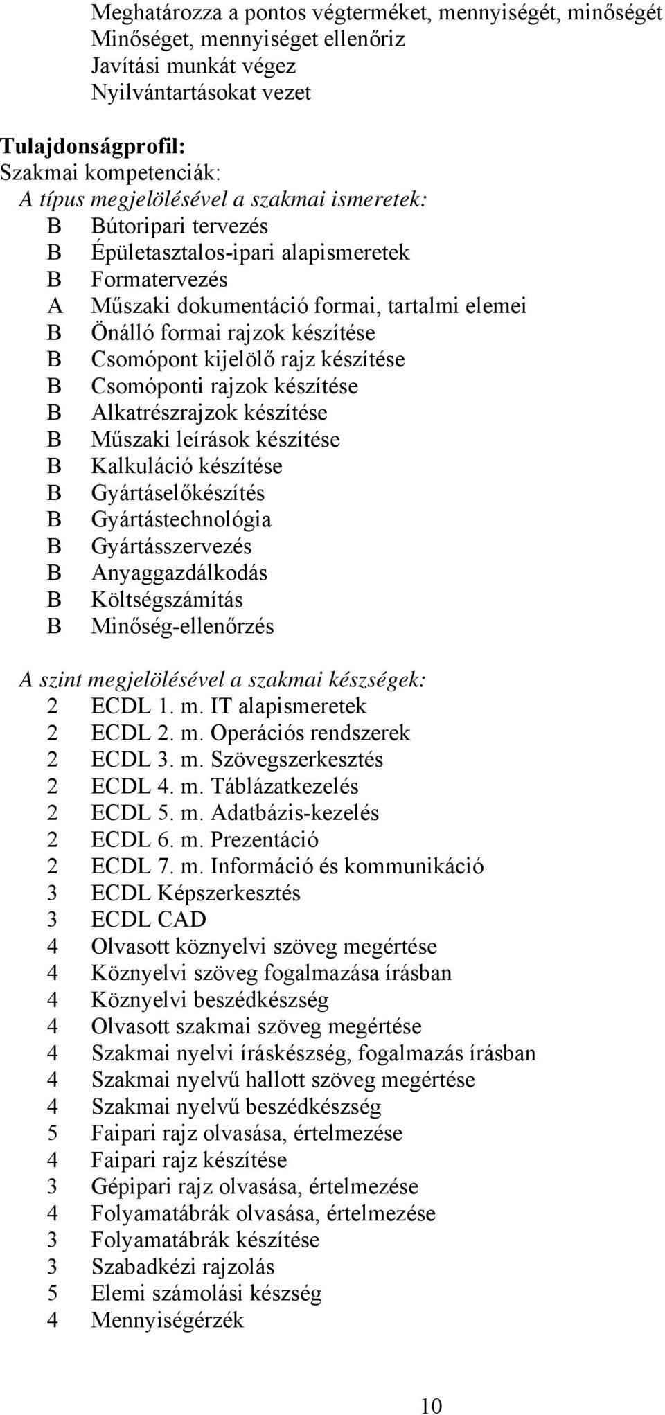 Csomópont kijelölő rajz készítése B Csomóponti rajzok készítése B Alkatrészrajzok készítése B Műszaki leírások készítése B Kalkuláció készítése B Gyártáselőkészítés B Gyártástechnológia B