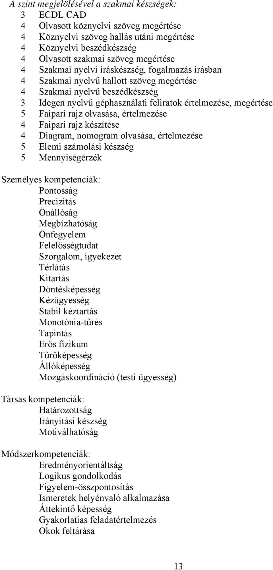 olvasása, értelmezése 4 Faipari rajz készítése 4 Diagram, nomogram olvasása, értelmezése 5 Elemi számolási készség 5 Mennyiségérzék Személyes kompetenciák: Pontosság Precizitás Önállóság