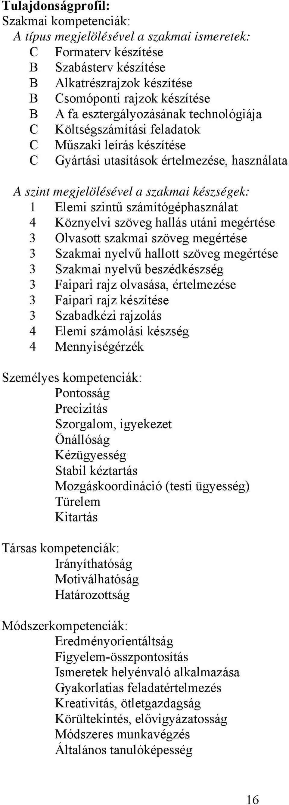 számítógéphasználat 4 Köznyelvi szöveg hallás utáni megértése 3 Olvasott szakmai szöveg megértése 3 Szakmai nyelvű hallott szöveg megértése 3 Szakmai nyelvű beszédkészség 3 Faipari rajz olvasása,