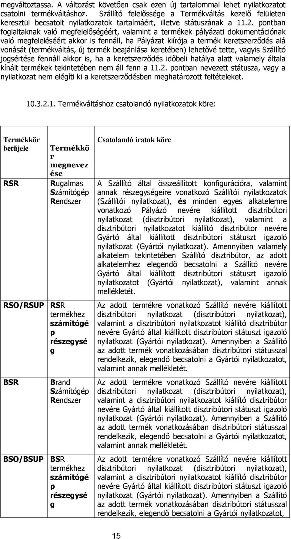 pontban foglaltaknak való megfelelőségéért, valamint a termékek pályázati dokumentációnak való megfeleléséért akkor is fennáll, ha Pályázat kiírója a termék keretszerződés alá vonását (termékváltás,