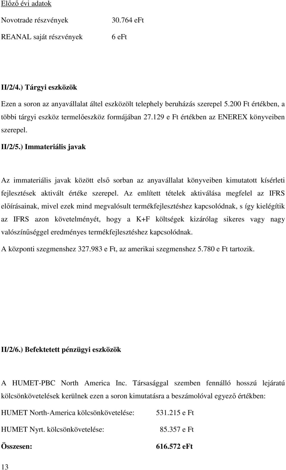 ) Immateriális javak Az immateriális javak között első sorban az anyavállalat könyveiben kimutatott kísérleti fejlesztések aktivált értéke szerepel.