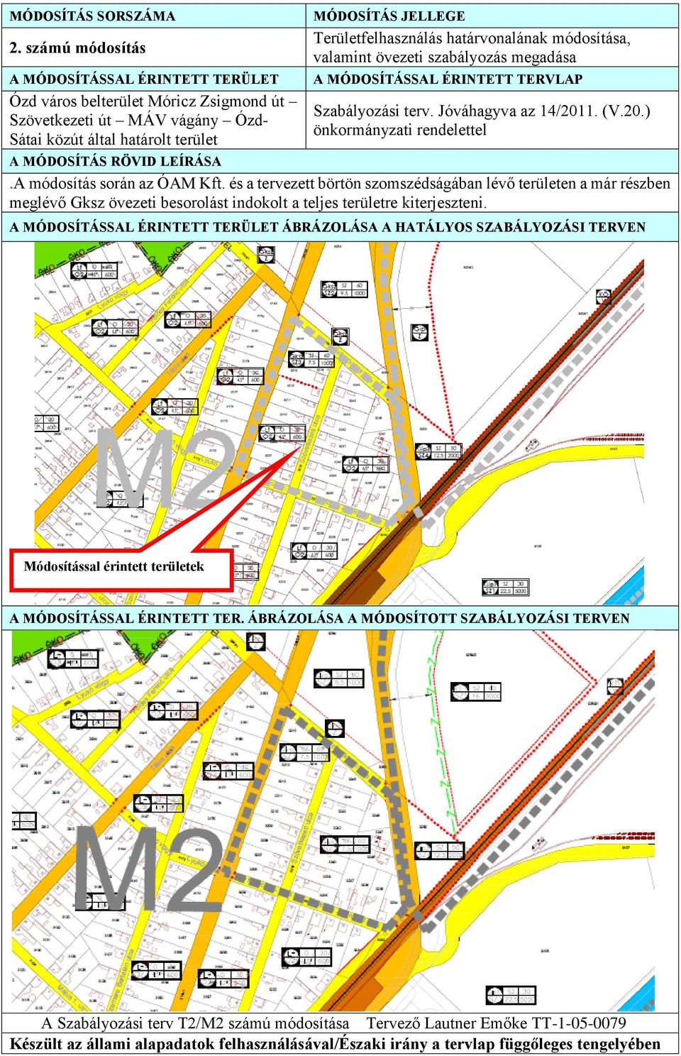 határvonalának módosítása, valamint övezeti szabályozás megadása A MÓDOSÍTÁSSAL ÉRINTETT TERVLAP Szabályozási terv. Jóváhagyva az 14/2011. (V.20.) önkormányzati rendelettel A MÓDOSÍTÁS RÖVID LEÍRÁSA.