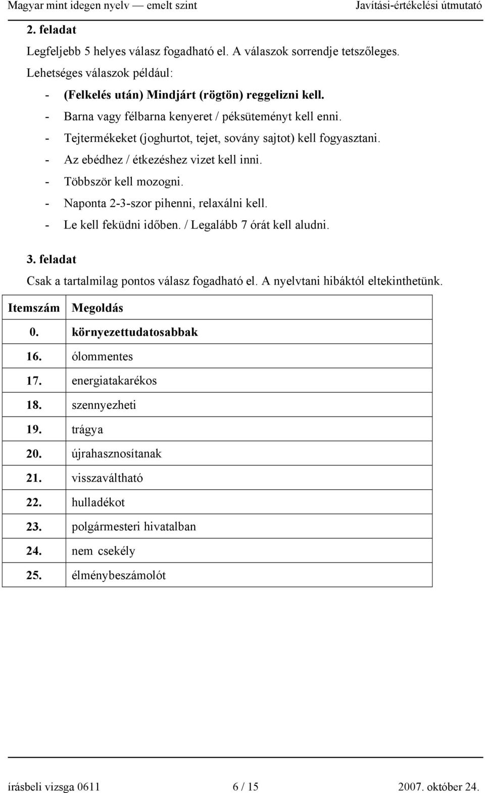 - Naponta 2-3-szor pihenni, relaxálni kell. - Le kell feküdni időben. / Legalább 7 órát kell aludni. 3. feladat Csak a tartalmilag pontos válasz fogadható el. A nyelvtani hibáktól eltekinthetünk.