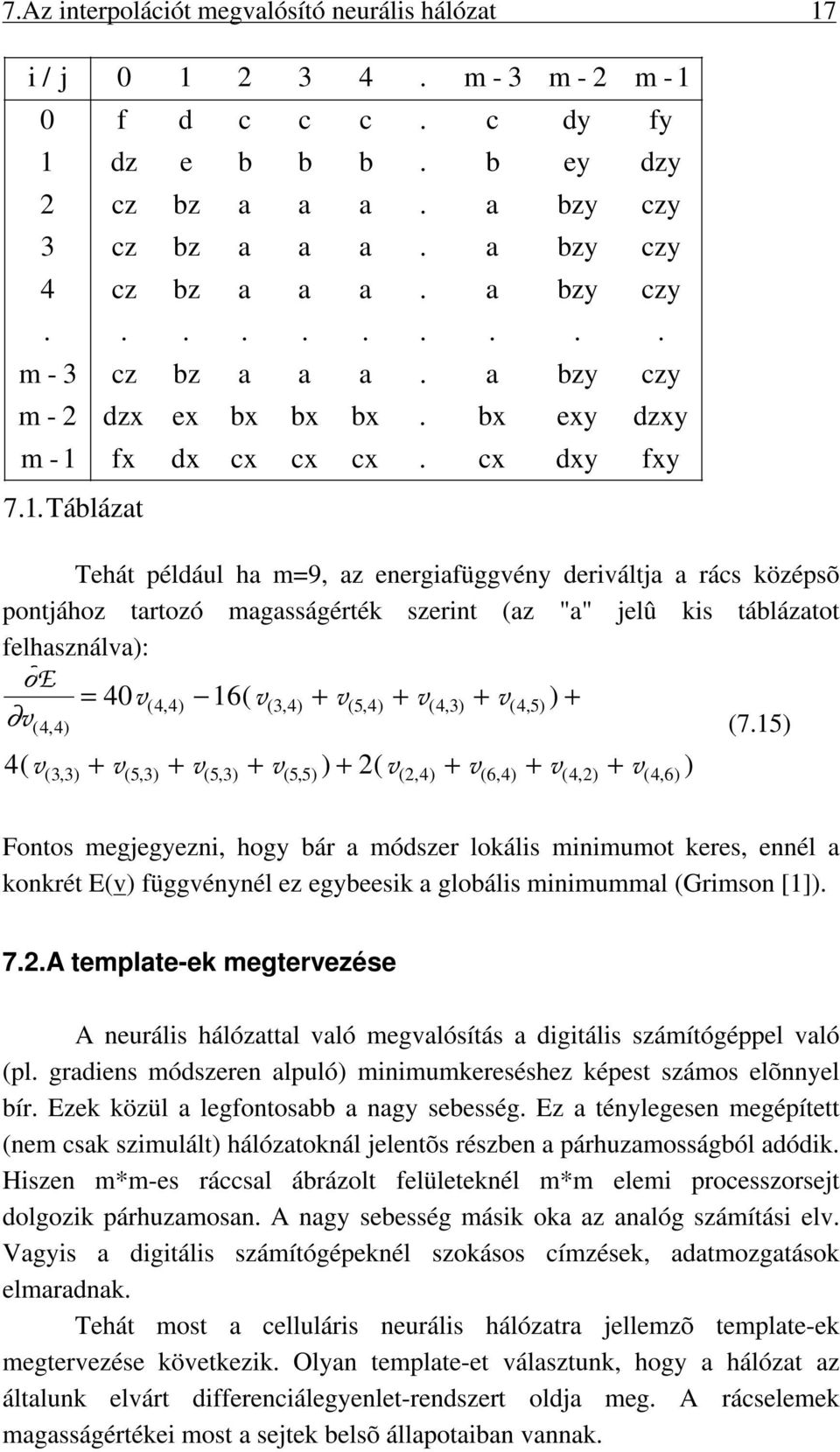 .Táblázat Tehát például ha m=9, az energafüggény deráltja a rács középsõ pontjához tartozó magasságérték szernt (az "a" jelû ks táblázatot felhasznála): E = 40( 44, ) 16( ( 34, ) + ( 54, ) + ( 43, )