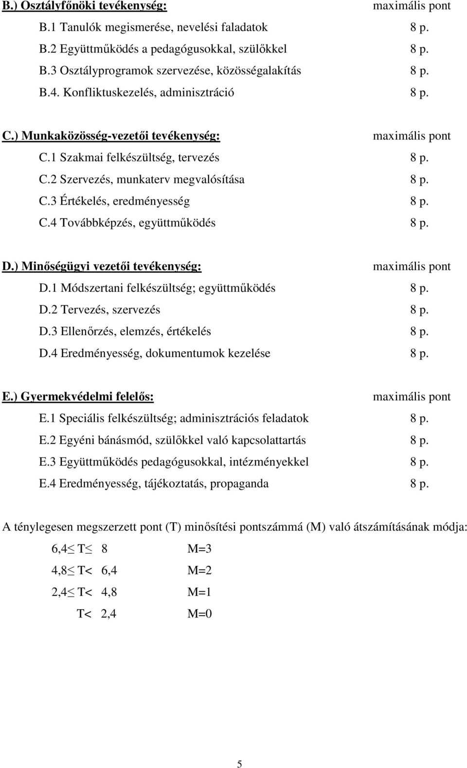 C.4 Továbbképzés, együttműködés 8 p. D.) Minőségügyi vezetői tevékenység: maximális pont D.1 Módszertani felkészültség; együttműködés 8 p. D.2 Tervezés, szervezés 8 p. D.3 Ellenőrzés, elemzés, értékelés 8 p.