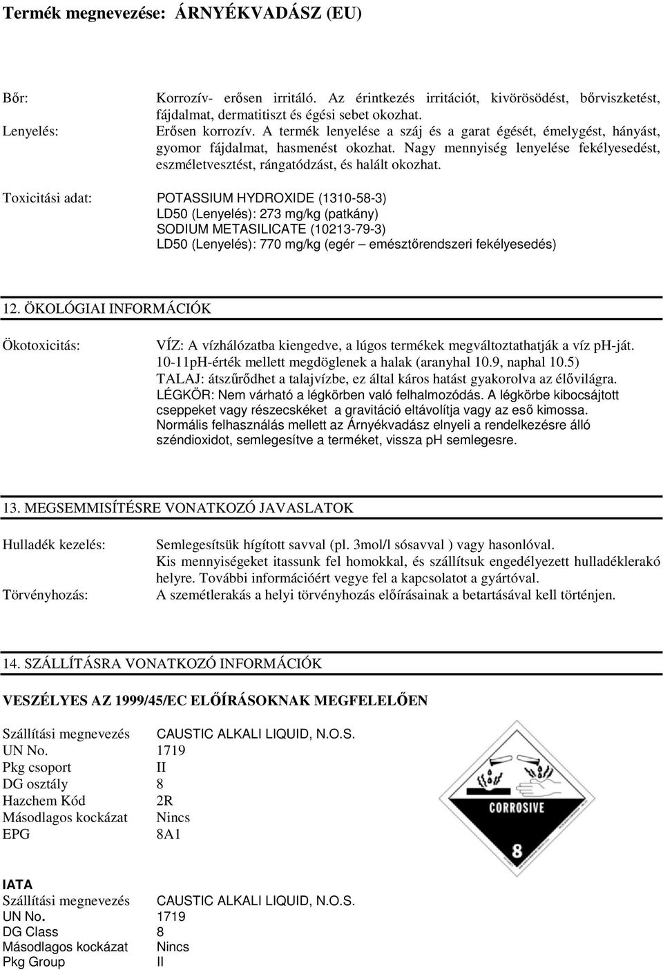 Toxicitási adat: POTASSIUM HYDROXIDE (1310-58-3) LD50 (Lenyelés): 273 mg/kg (patkány) SODIUM METASILICATE (10213-79-3) LD50 (Lenyelés): 770 mg/kg (egér emésztőrendszeri fekélyesedés) 12.