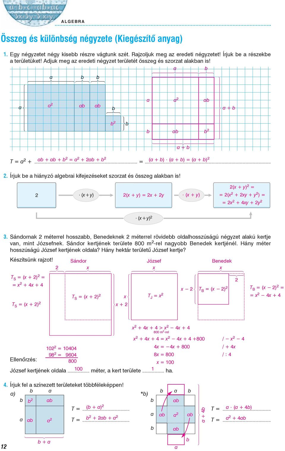 ( + y) = (+ y) ( + y) = + y ( + y) = ( + y + y ) = = + y + y (+ y). Sándornk méterrel hossz, enedeknek méterrel rövide oldlhosszúságú négyzet lkú kertje vn, mint Józsefnek.