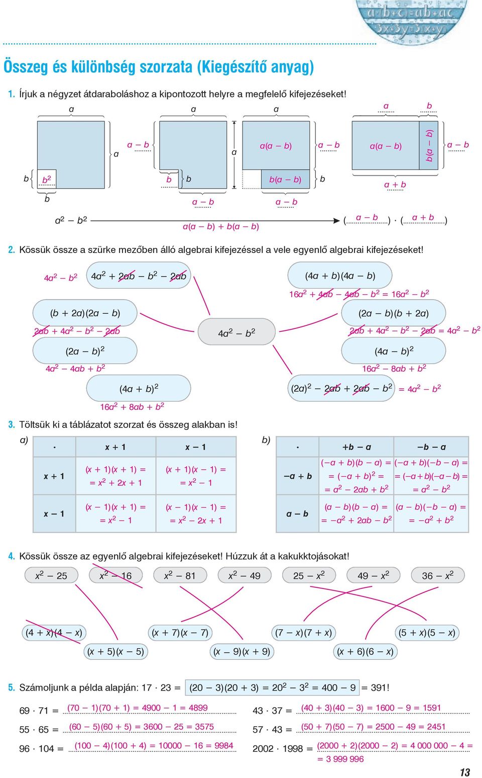 .. µ + µ µ ( + )( µ) 6 + µ µ = 6 µ ( + )( µ) + µ µ ( µ) µ + µ ( µ)( + ) + µ µ = µ ( µ) 6 µ 8 + ( +) 6 + 8 + () µ + µ = µ. Töltsük ki táláztot szorzt és összeg lkn is!