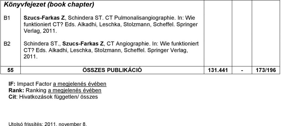In: Wie funktioniert CT? Eds. Alkadhi, Leschka, Stolzmann, Scheffel. Springer Verlag, 2011. 55 ÖSSZES PUBLIKÁCIÓ 131.