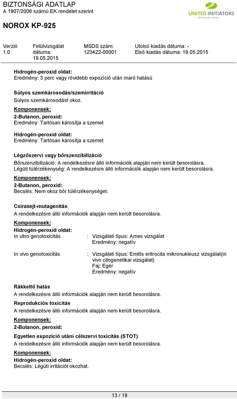 információk alapján nem került besorolásra. Légúti túlérzékenység: A rendelkezésre álló információk alapján nem került besorolásra. 2-Butanon, peroxid: Becslés: Nem okoz bőr túlérzékenységet.
