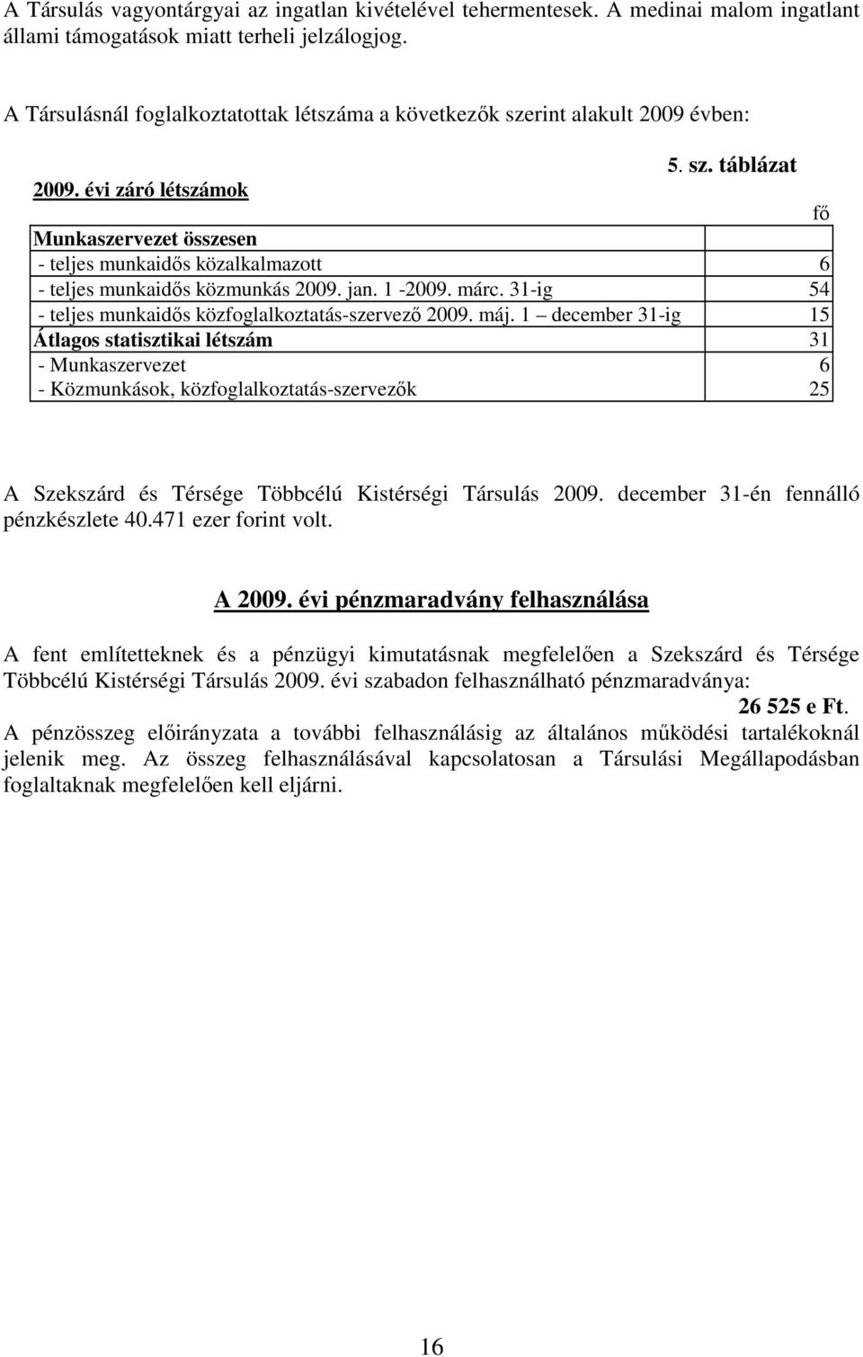 évi záró létszámok fı Munkaszervezet összesen - teljes munkaidıs közalkalmazott 6 - teljes munkaidıs közmunkás 2009. jan. 1-2009. márc. 31-ig 54 - teljes munkaidıs közfoglalkoztatás-szervezı 2009.