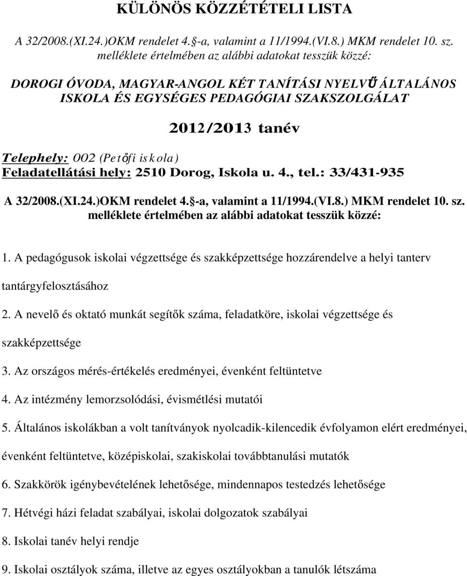 ola) Feladatellátási hely: 2510 Dorog, u. 4., tel.: 33/431-935 A 32/2008.(XI.24.)OKM rendelet 4. -a, valamint a 11/1994.(VI.8.) MKM rendelet 10. sz.