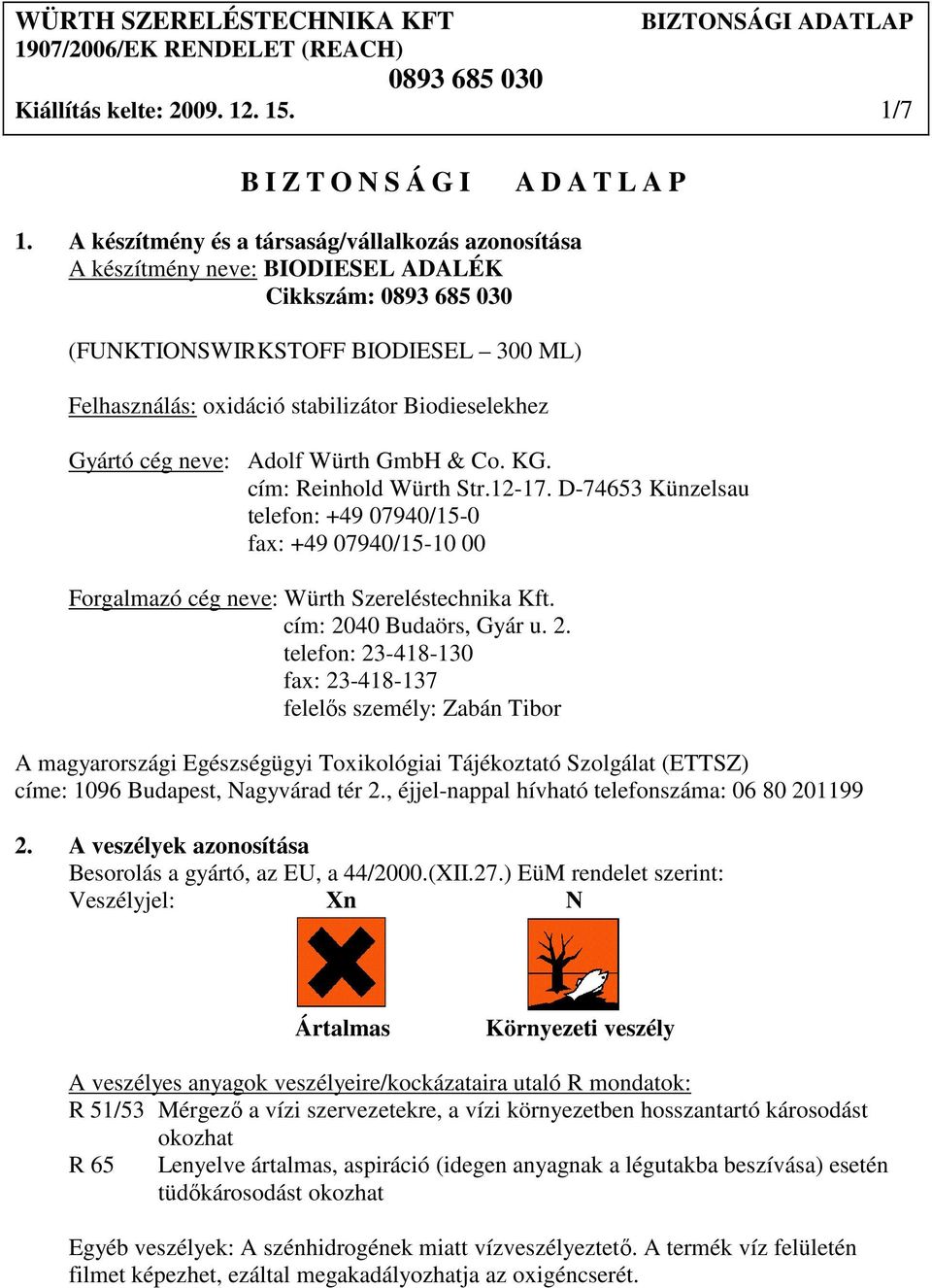 neve: Adolf Würth GmbH & Co. KG. cím: Reinhold Würth Str.12-17. D-74653 Künzelsau telefon: +49 07940/15-0 fax: +49 07940/15-10 00 Forgalmazó cég neve: Würth Szereléstechnika Kft.
