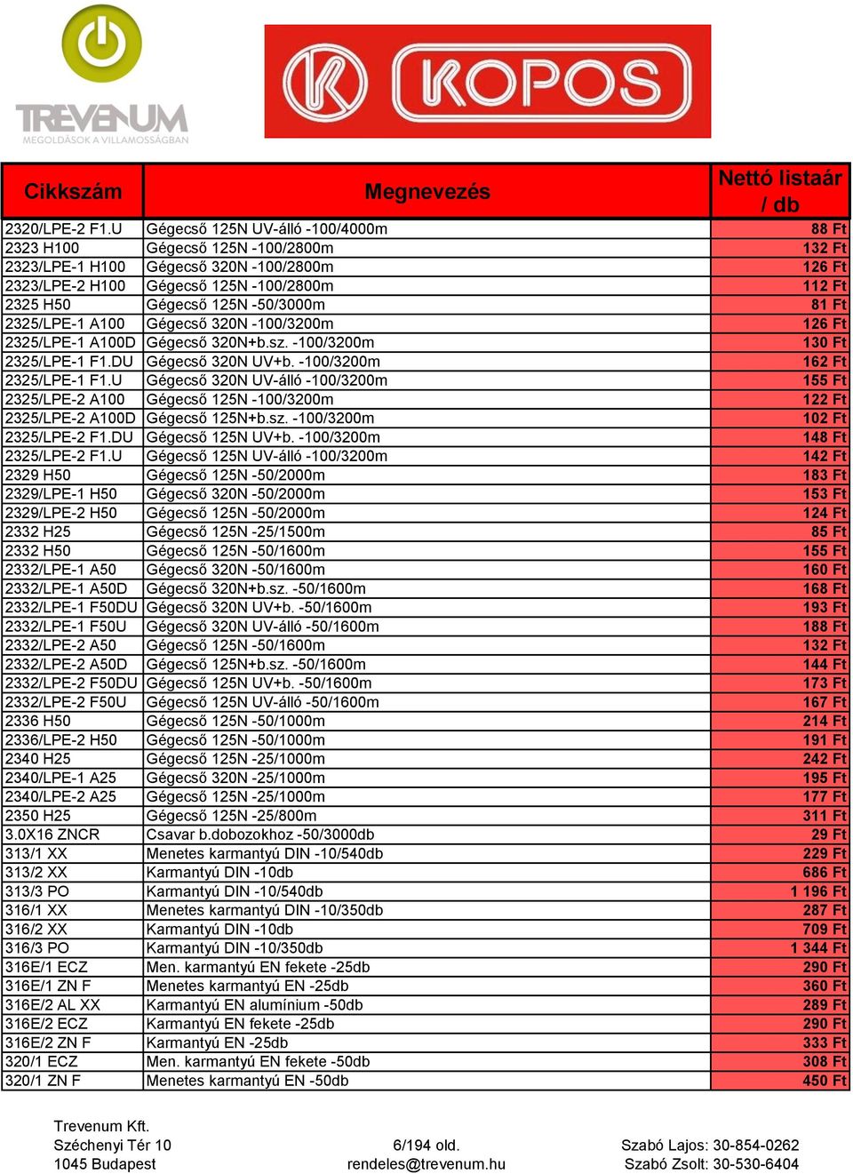 -50/3000m 81 Ft 2325/LPE-1 A100 Gégecső 320N -100/3200m 126 Ft 2325/LPE-1 A100D Gégecső 320N+b.sz. -100/3200m 130 Ft 2325/LPE-1 F1.DU Gégecső 320N UV+b. -100/3200m 162 Ft 2325/LPE-1 F1.