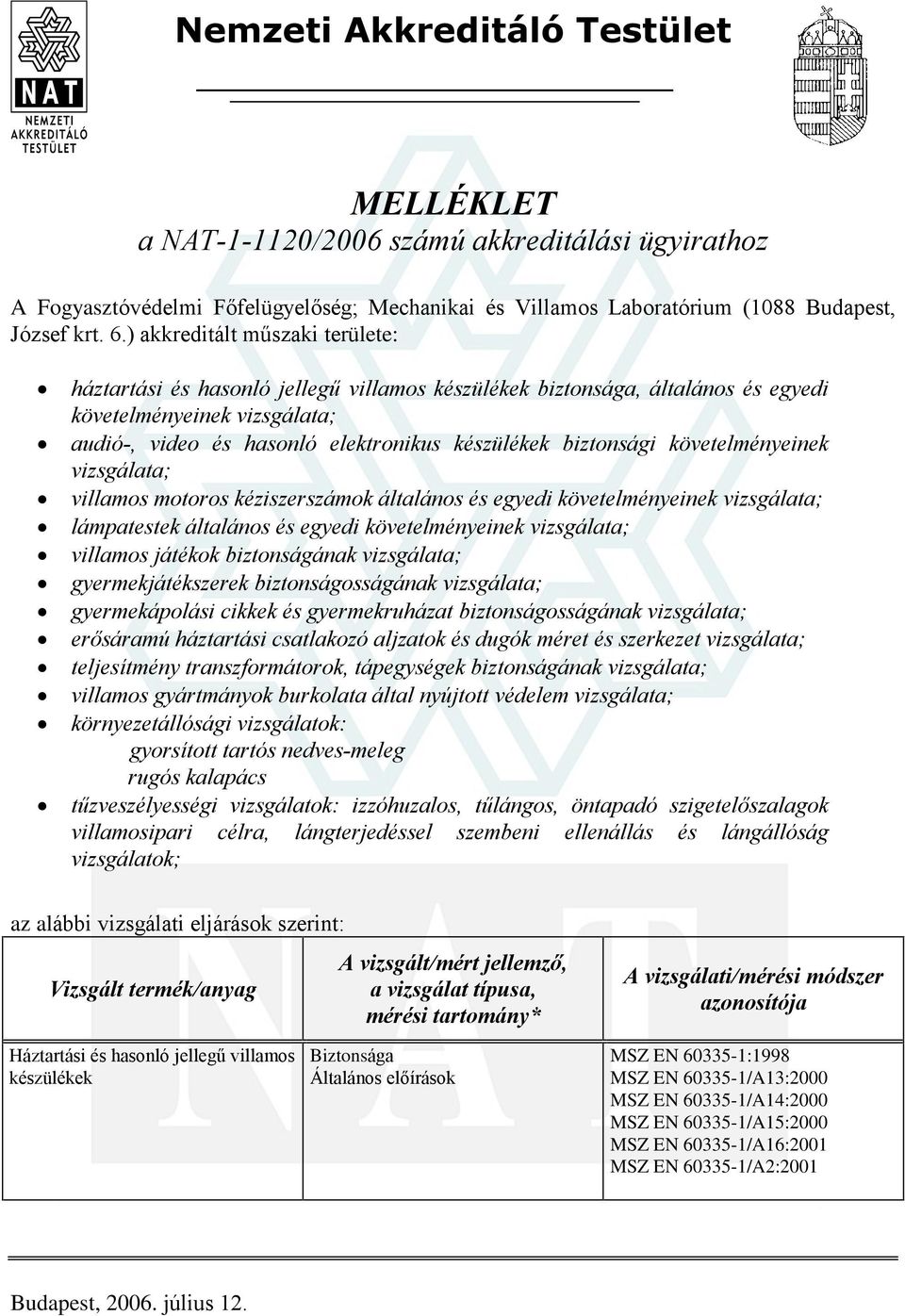 biztonsági követelményeinek vizsgálata; villamos motoros kéziszerszámok általános és egyedi követelményeinek vizsgálata; lámpatestek általános és egyedi követelményeinek vizsgálata; villamos játékok