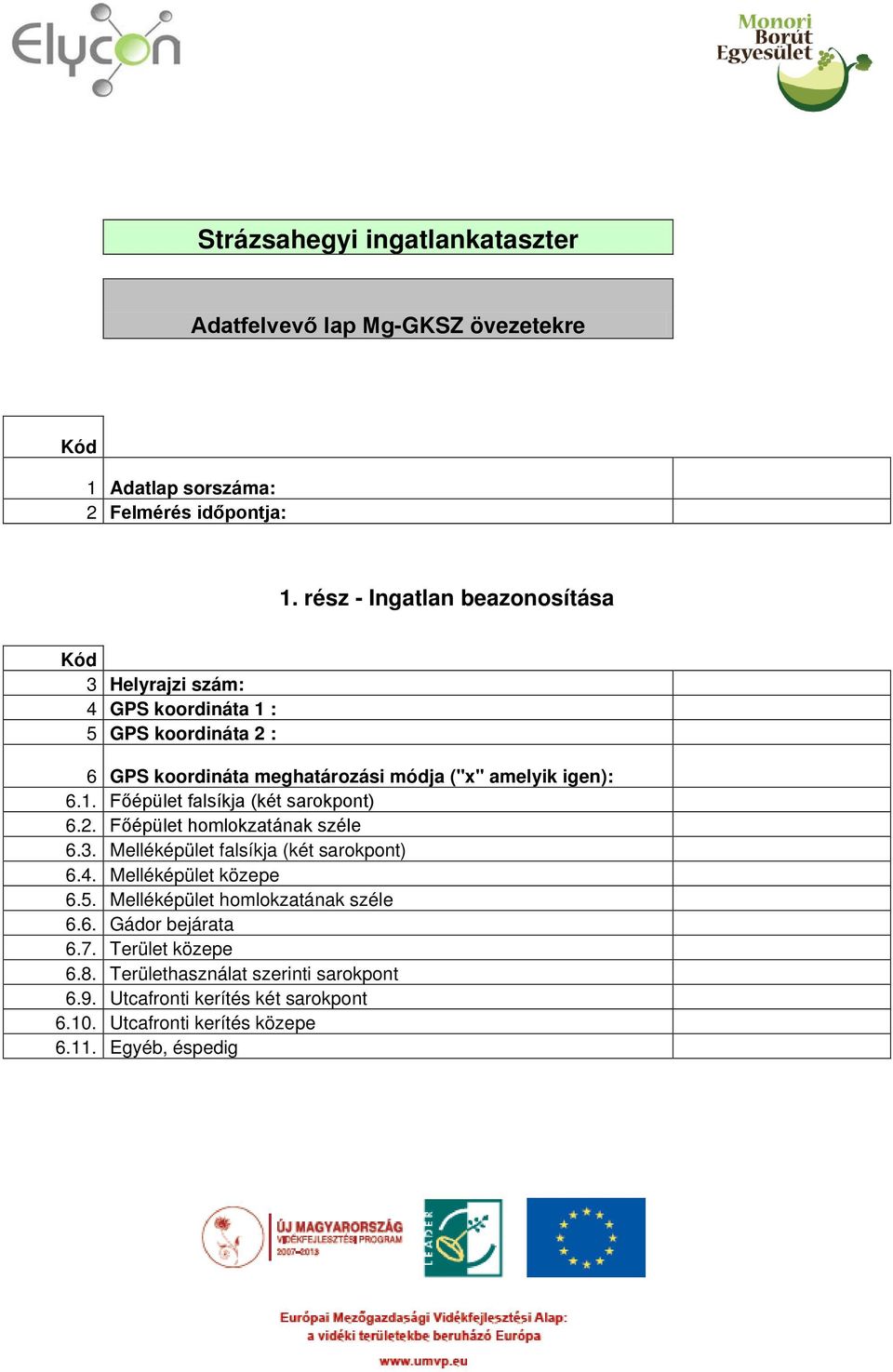 2. Főépület homlokzatának széle 6.3. Melléképület falsíkja (két sarokpont) 6.4. Melléképület közepe 6.5. Melléképület homlokzatának széle 6.6. Gádor bejárata 6.