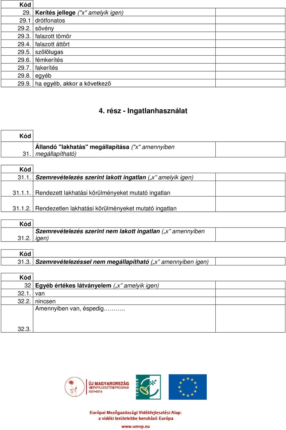 1.2. Rendezetlen lakhatási körülményeket mutató ingatlan 31.2. Szemrevételezés szerint nem lakott ingatlan ( x amennyiben igen) 31.3. Szemrevételezéssel nem megállapítható ( x amennyiben igen) 32 Egyéb értékes látványelem ( x amelyik igen) 32.