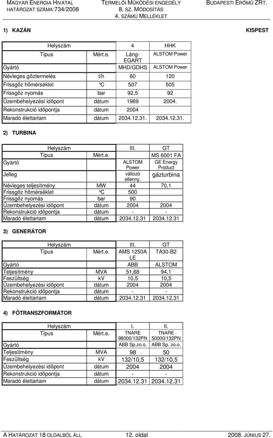 Láng- ALSTOM Power EGART Gyártó MHD/GDHS ALSTOM Power Névleges gıztermelés t/h 60 120 Frissgız hımérséklet C 507 505 Frissgız nyomás bar 92,5 92 Üzembehelyezési idıpont dátum 1969 2004.