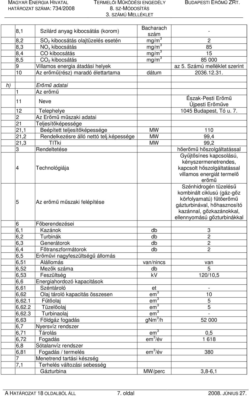 mg/m 3 85 000 9 Villamos energia átadási helyek az 5. Számú melléklet szerint 10 Az erımő(rész) maradó élettartama dátum 2036.12.31.