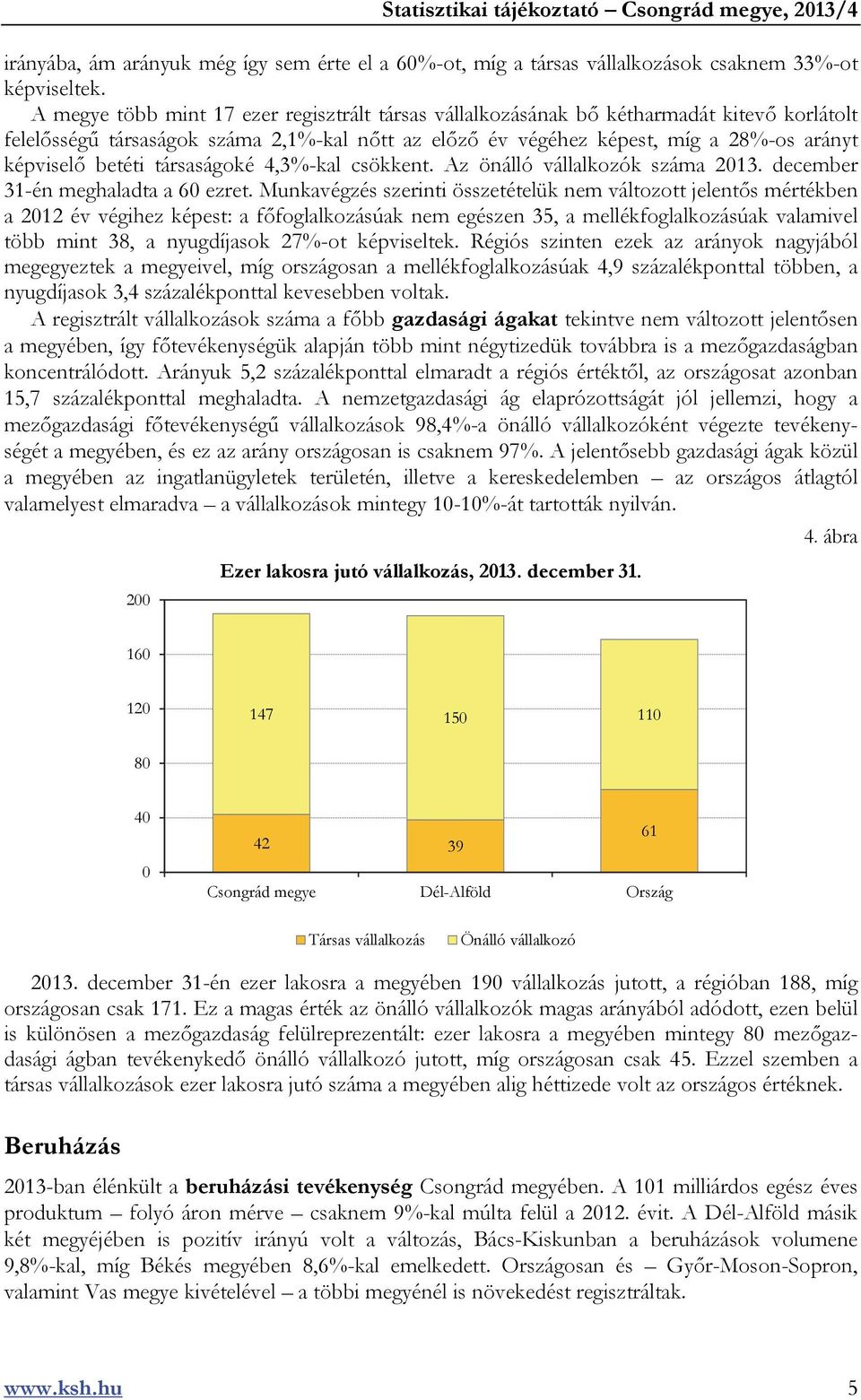 betéti társaságoké 4,3%-kal csökkent. Az önálló vállalkozók száma 2013. december 31-én meghaladta a 60 ezret.