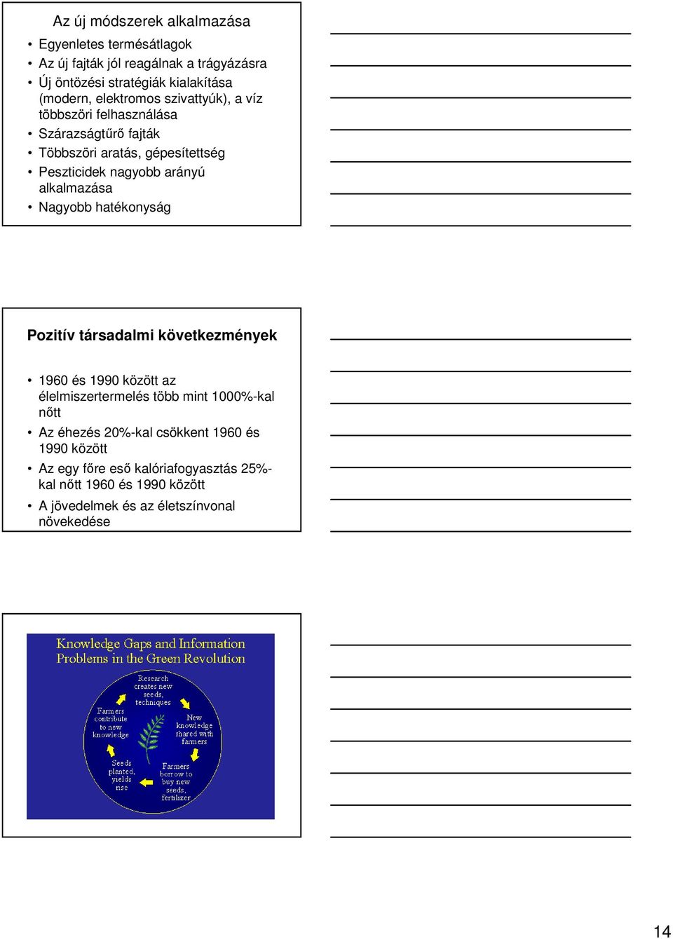 alkalmazása Nagyobb hatékonyság Pozitív társadalmi következmények 1960 és 1990 között az élelmiszertermelés több mint 1000%-kal nıtt Az