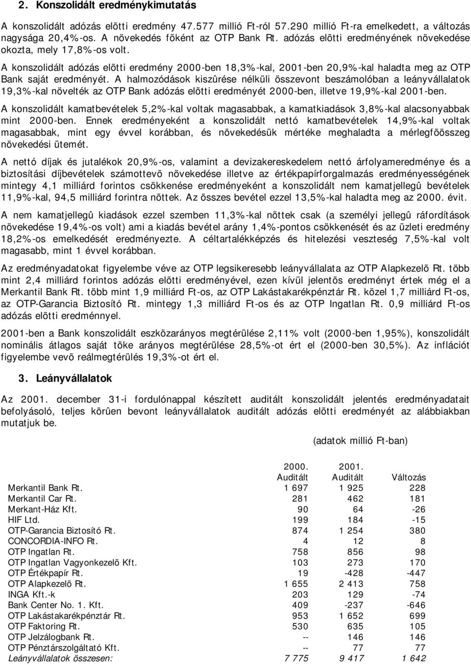 A halmozódások kiszûrése nélküli összevont beszámolóban a leányvállalatok 19,3%-kal növelték az OTP Bank adózás elõtti eredményét 2000-ben, illetve 19,9%-kal 2001-ben.