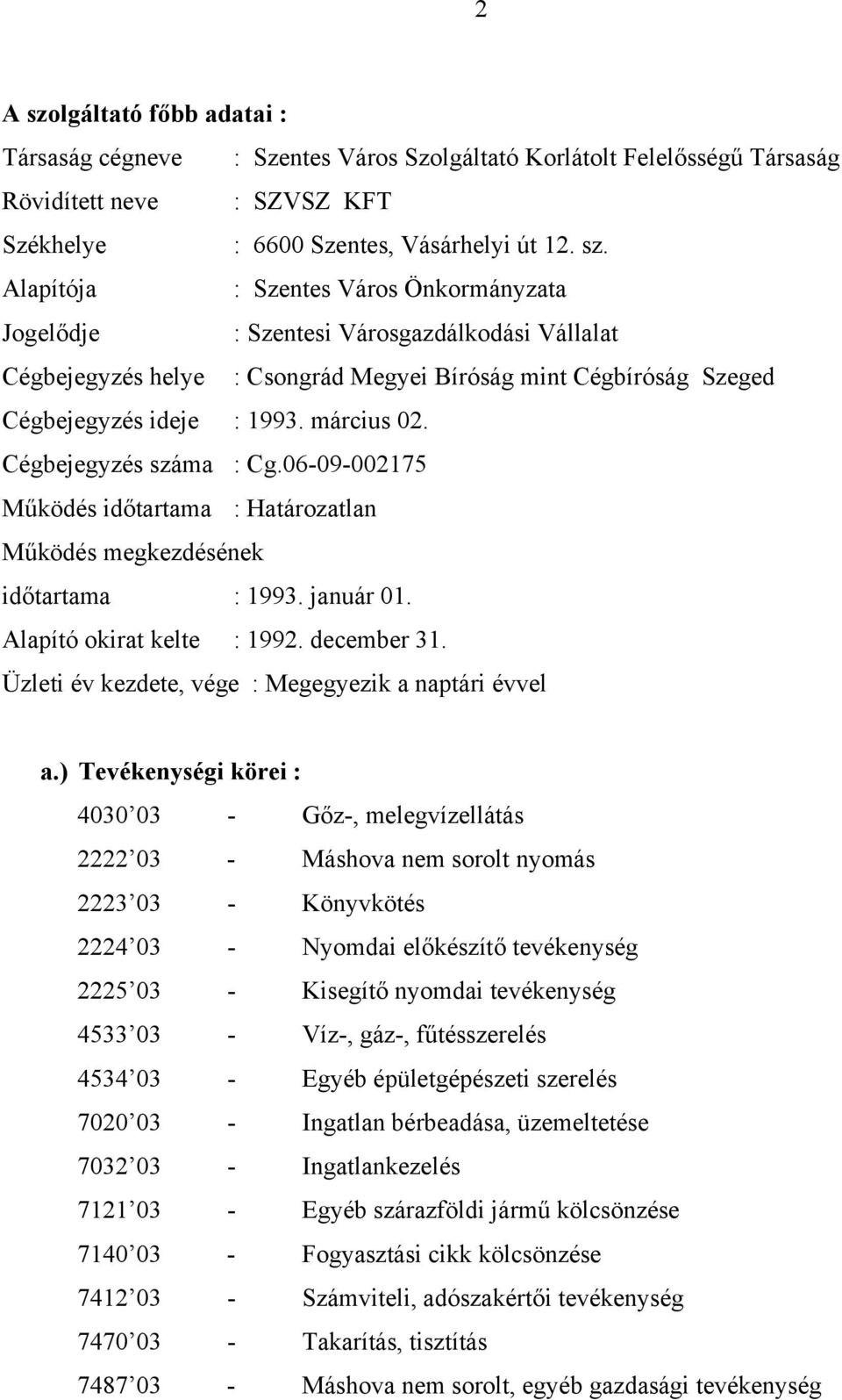 Üzleti év kezdete, vége : Megegyezik a naptári évvel a.