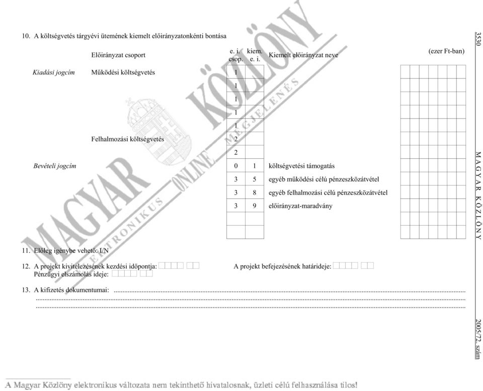 Elõ leg igény be ve he tõ: I/N 2 3 5 egyéb mû kö dé si célú pénzeszközátvétel 3 8 egyéb fel hal mo zá si célú pénzeszközátvétel 3 9 elõ irány zat-maradvány 12.