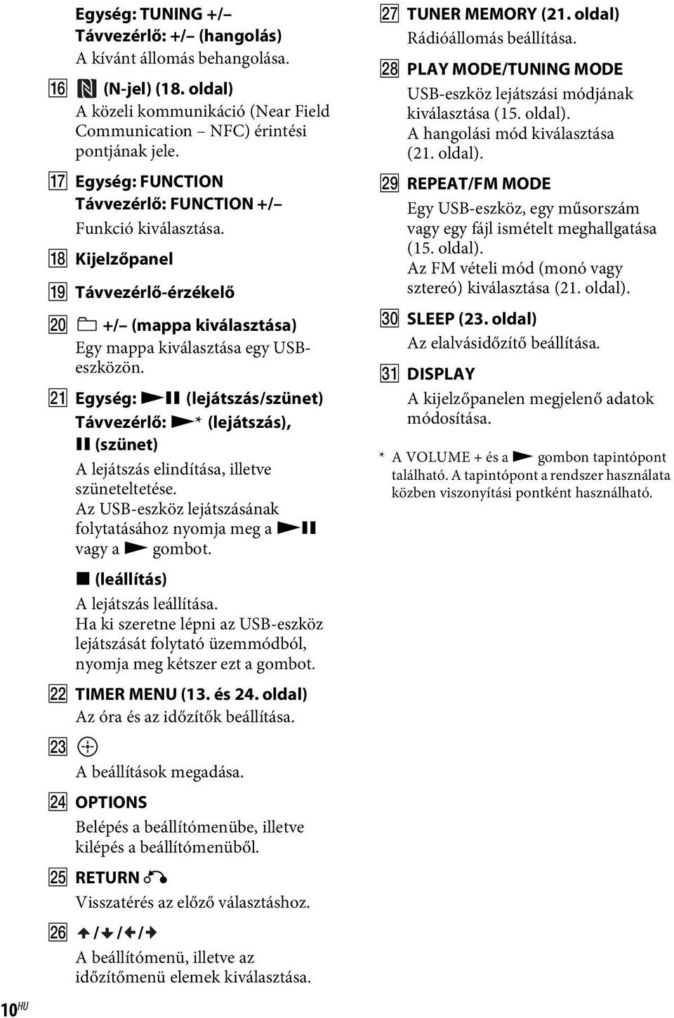 U Egység: NX (lejátszás/szünet) Távvezérlő: N* (lejátszás), X (szünet) A lejátszás elindítása, illetve szüneteltetése. Az USB-eszköz lejátszásának folytatásához nyomja meg a NX vagy a N gombot.