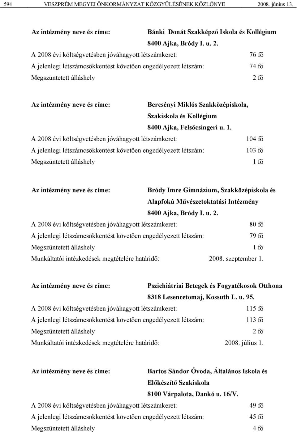 A 2008 évi költségvetésben jóváhagyott létszámkeret: 76 fő A jelenlegi létszámcsökkentést követően engedélyezett létszám: 74 fő Megszüntetett álláshely 2 fő Az intézmény neve és címe: Bercsényi