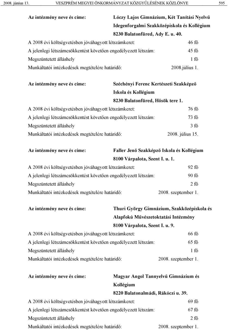 40. A 2008 évi költségvetésben jóváhagyott létszámkeret: 46 fő A jelenlegi létszámcsökkentést követően engedélyezett létszám: 45 fő Megszüntetett álláshely 1 fő Munkáltatói intézkedések megtételére