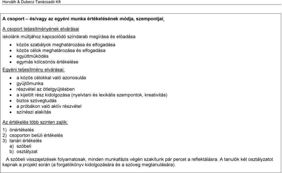 kijelölt rész kidolgozása (nyelvtani és lexikális szempontok, kreativitás) biztos szövegtudás a próbákon való aktív részvétel színészi alakítás Az értékelés több szinten zajlik: 1) önértékelés 2)