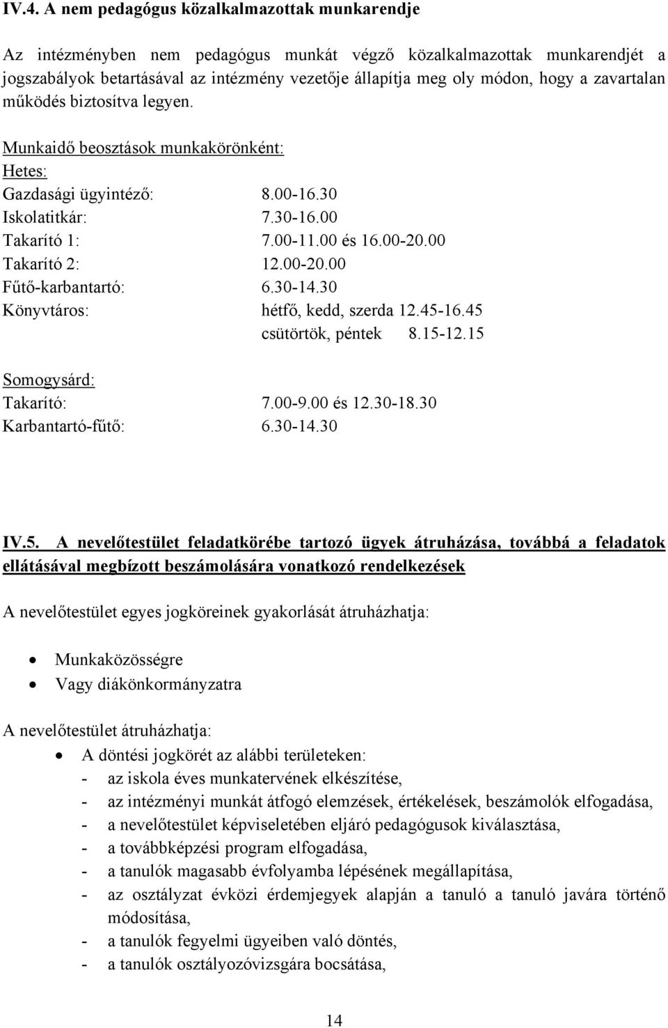 00-20.00 Fűtő-karbantartó: 6.30-14.30 Könyvtáros: hétfő, kedd, szerda 12.45-