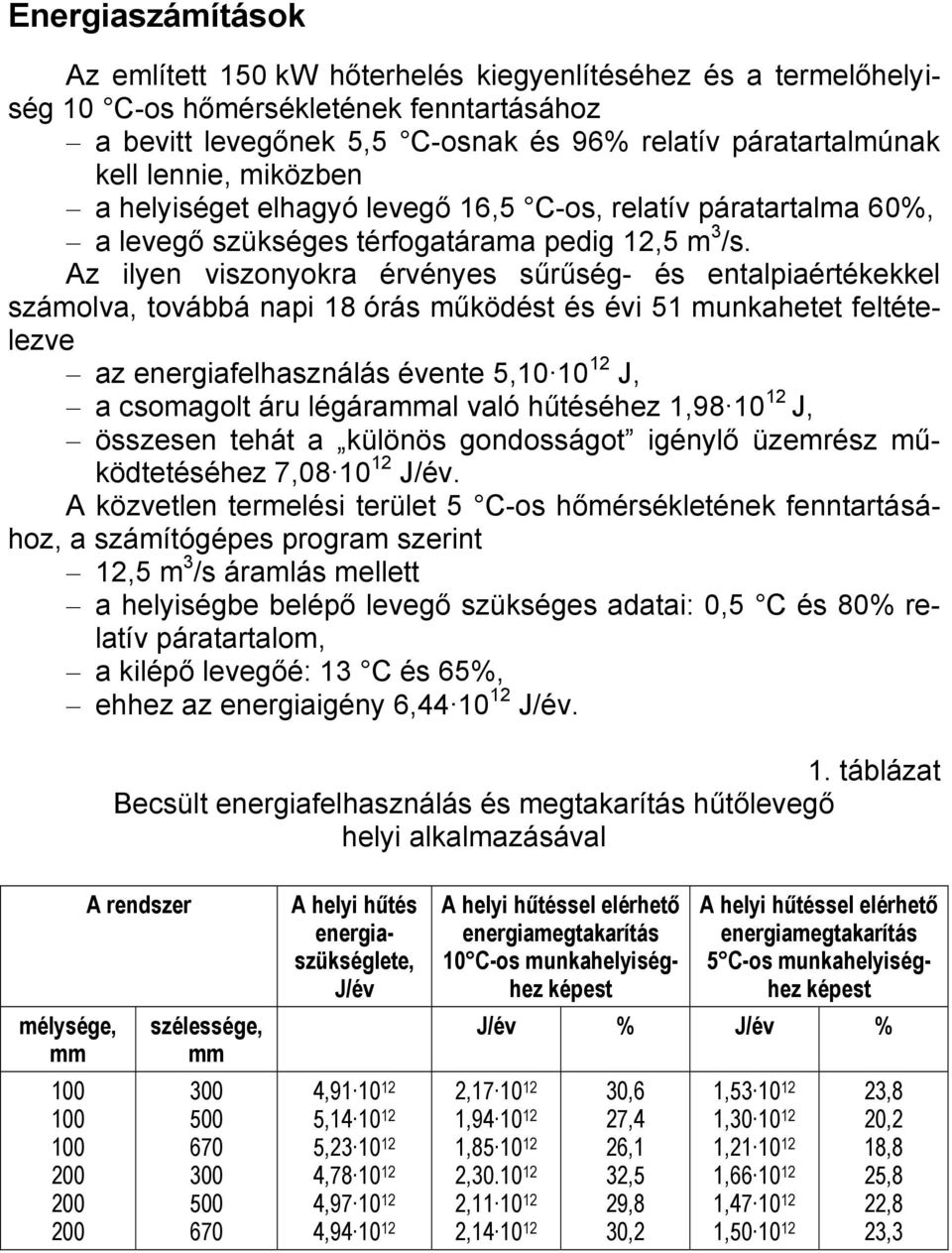 Az ilyen viszonyokra érvényes sűrűség- és entalpiaértékekkel számolva, továbbá napi 18 órás működést és évi 51 munkahetet feltételezve az energiafelhasználás évente 5,10 10 12 J, a csomagolt áru