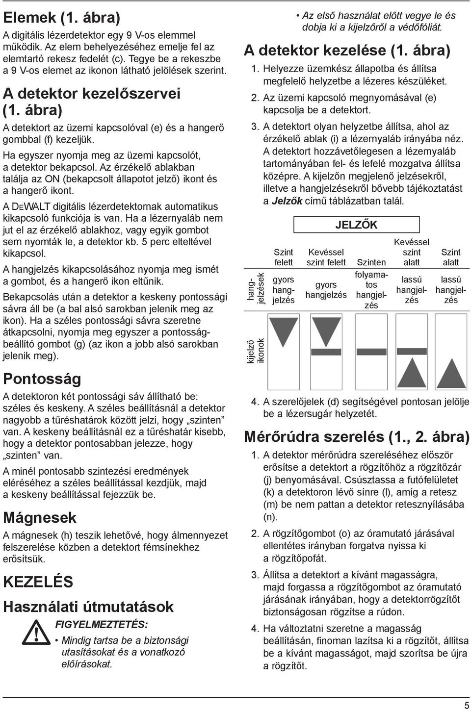 Ha egyszer nyomja meg az üzemi kapcsolót, a detektor bekapcsol. Az érzékelő ablakban találja az ON (bekapcsolt állapotot jelző) ikont és a hangerő ikont.