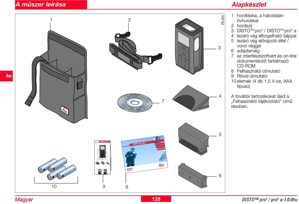 és on-line dokumentációt tartalmazó CD-ROM 8 Felhasználói útmutató 9 Rövid útmutató 0 elemek (4 db,5 V-os, AAA