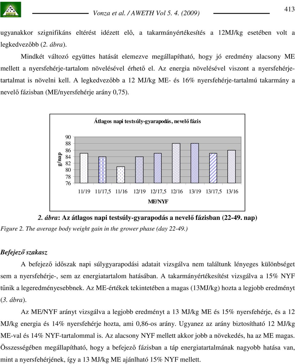 A legkedvezıbb 12 MJ/kg ME- és 16% nyersfehérje-trtlmú tkrmány nevelı fázisbn (ME/nyersfehérje rány 0,75).
