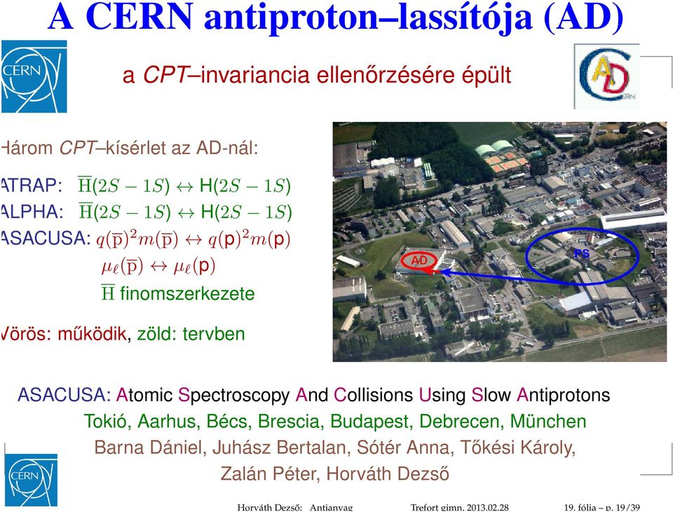 LPHA: H(2S 1S) H(2S 1S) SACUSA: q(p) 2 m(p) q(p) 2 m(p) µ l (p) µ l (p) H finomszerkezete örös: működik, zöld: tervben ASACUSA: