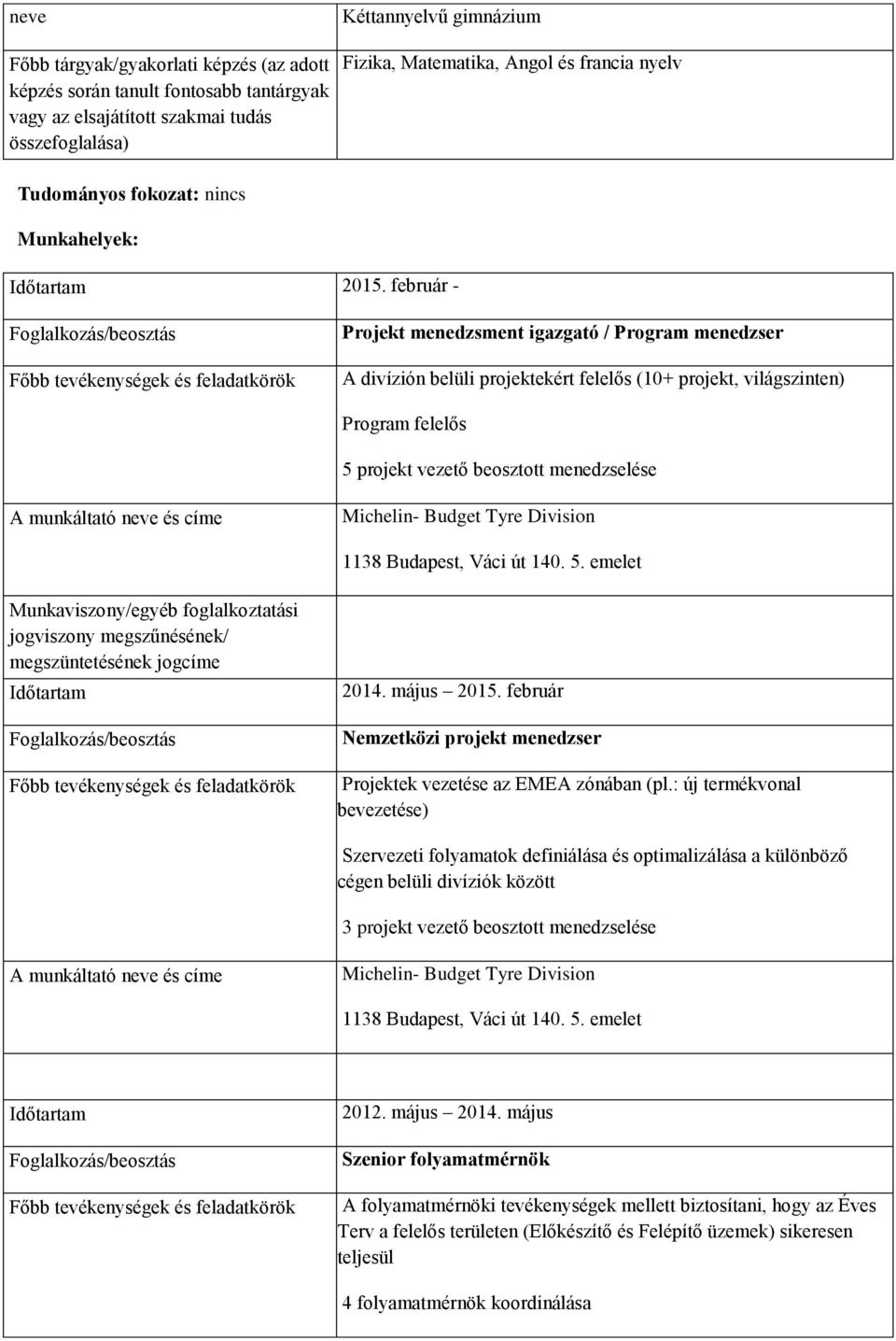 február - Projekt menedzsment igazgató / Program menedzser A divízión belüli projektekért felelős (10+ projekt, világszinten) Program felelős 5 projekt vezető beosztott menedzselése A munkáltató neve