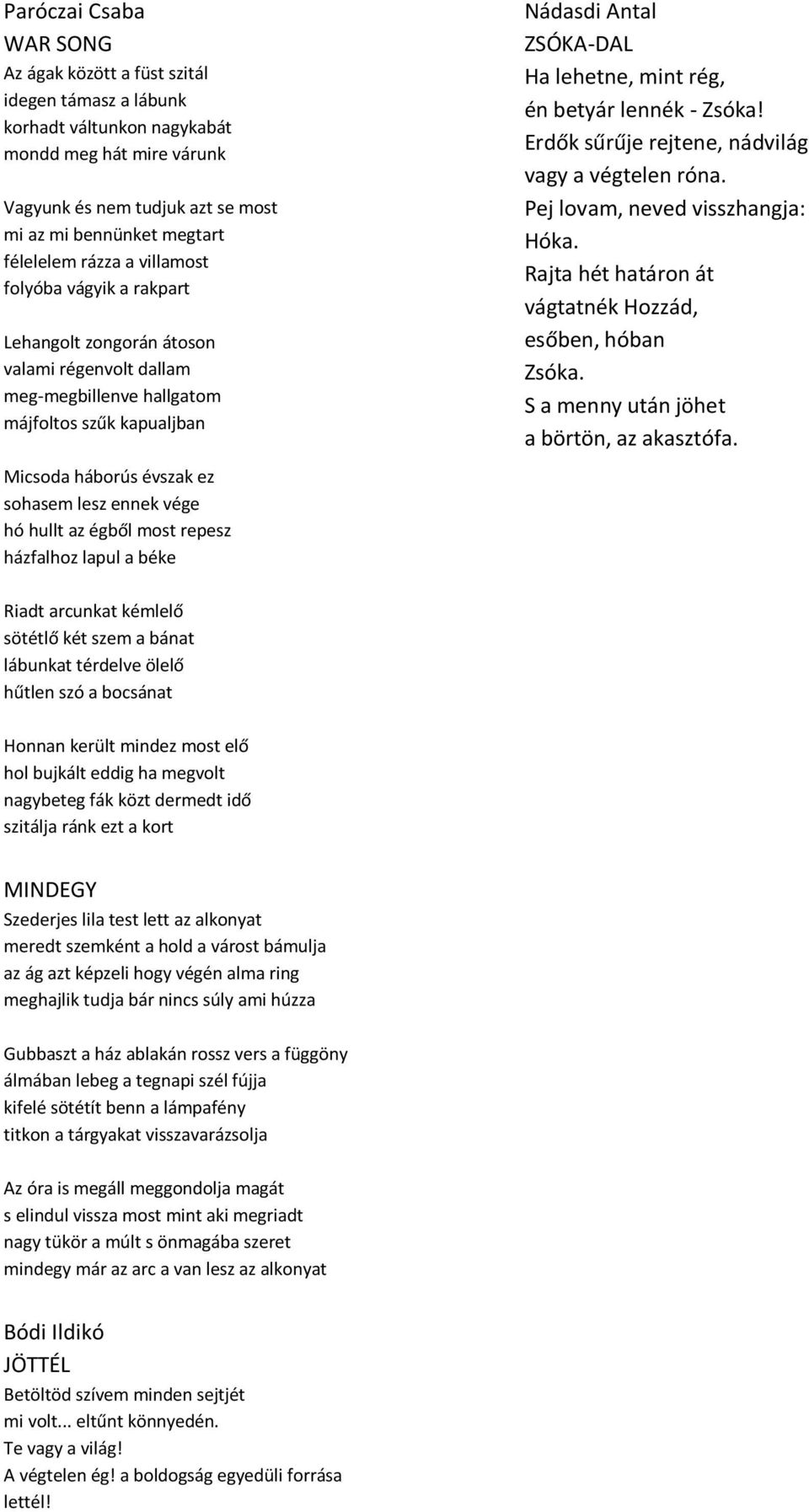 vége hó hullt az égből most repesz házfalhoz lapul a béke Nádasdi Antal ZSÓKA-DAL Ha lehetne, mint rég, én betyár lennék - Zsóka! Erdők sűrűje rejtene, nádvilág vagy a végtelen róna.