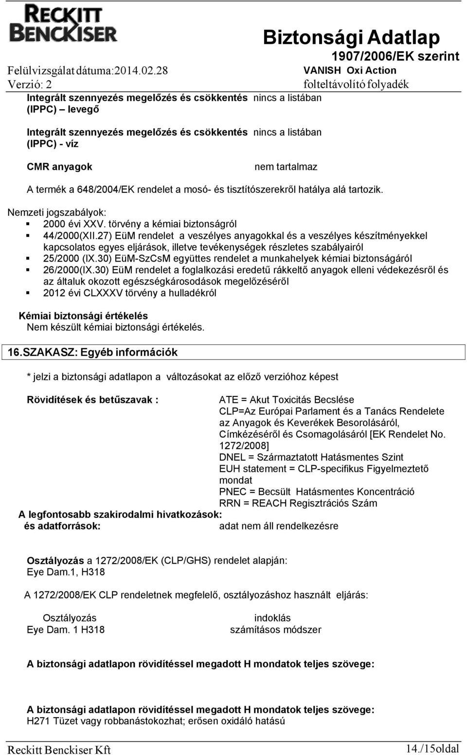 Biztonsági Adatlap 1907/2006/EK szerint VANISH Oxi Action folteltávolító  folyadék - PDF Ingyenes letöltés