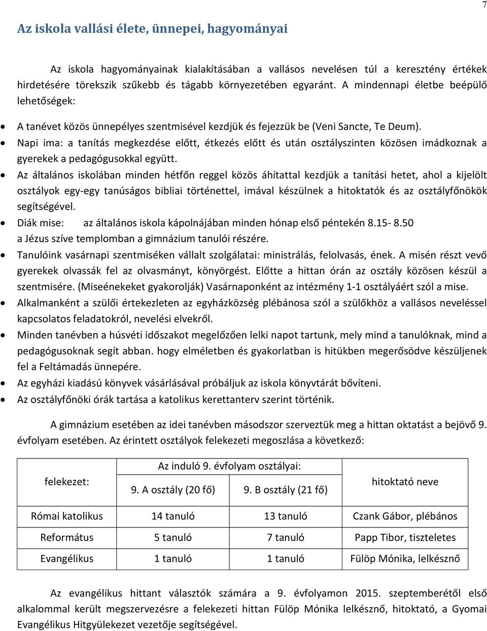 Napi ima: a tanítás megkezdése előtt, étkezés előtt és után osztályszinten közösen imádkoznak a gyerekek a pedagógusokkal együtt.