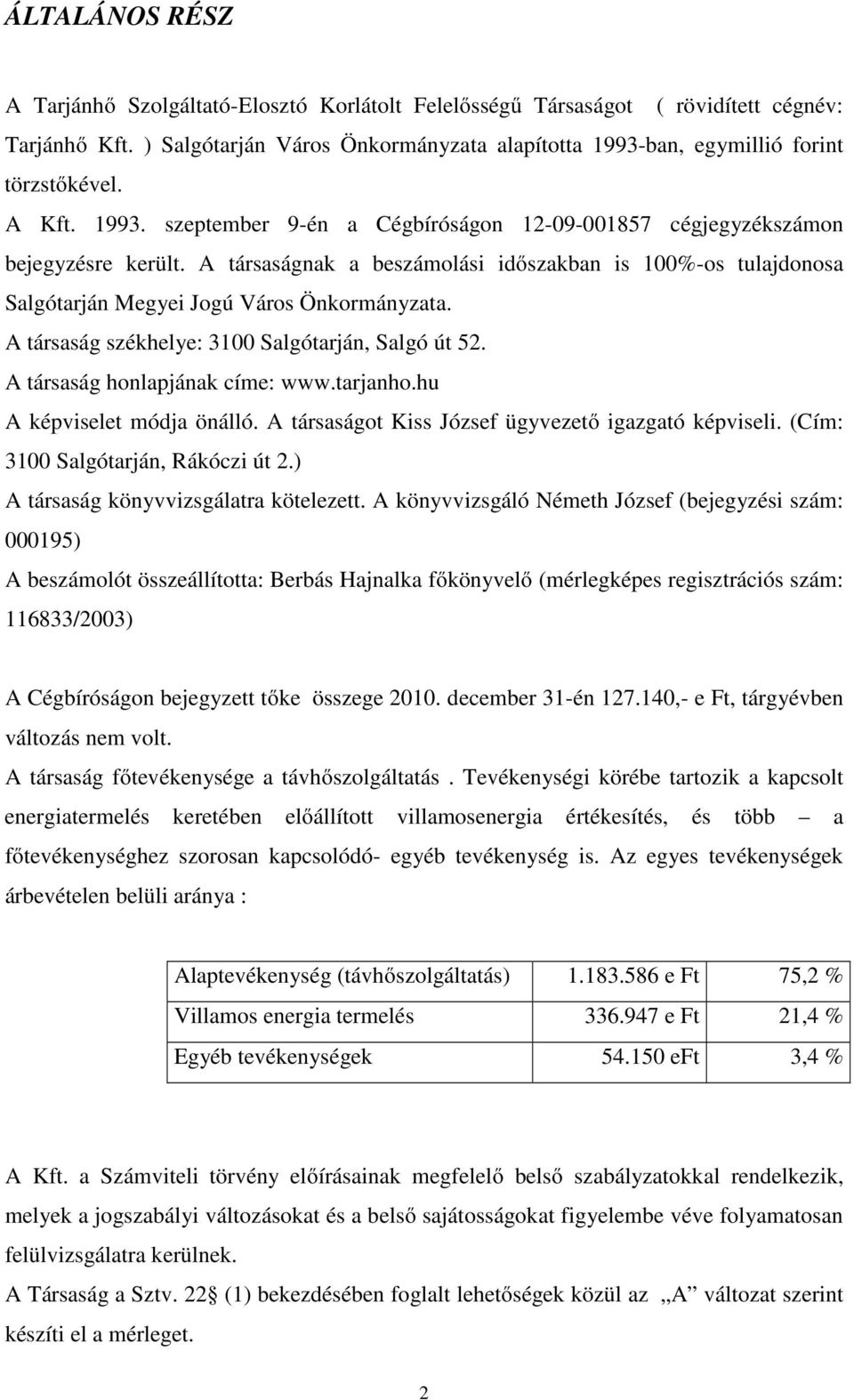 A társaság székhelye: 3100 Salgótarján, Salgó út 52. A társaság honlapjának címe: www.tarjanho.hu A képviselet módja önálló. A társaságot Kiss József ügyvezető igazgató képviseli.